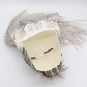 Detail view of the latex mask interior showing hair structure for Halloween spooky cosplay party.