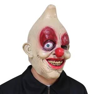 Close-up detail of creepy latex clown mask with scary expression, ideal for Halloween parties.