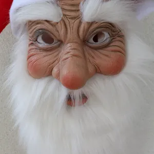 Santa Claus latex mask with realistic white beard and red hat for holiday party cosplay.