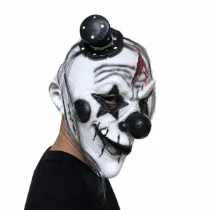 Creepy Halloween latex clown mask detail with mini top hat and hair for spooky parties and costume events.