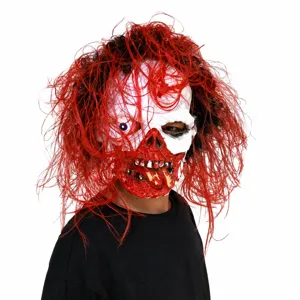 Halloween scary zombie mask with red messy long wig, perfect for cosplay party props.