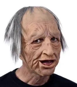 Close-up detail view of realistic elderly man latex mask with wrinkles and grey hair.