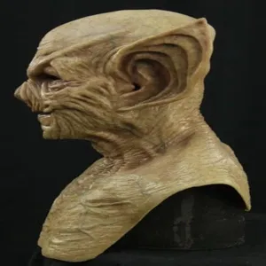 Detailed side view of the Halloween monster goblin latex mask, perfect for costume parties.