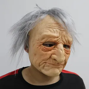 Detailed view of realistic old man mask with grey hair, perfect for Halloween party cosplay.