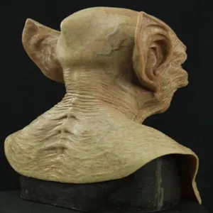 Close-up detail shot of the creepy goblin monster mask showing realistic wrinkled skin texture.
