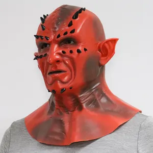 Detailed view of the red latex demon mask featuring black spikes and pointed ears for party cosplay.