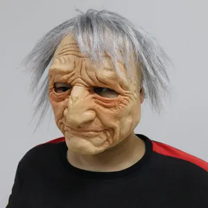 Detailed view of elderly man mask with gray hair, perfect for Halloween party dress up cosplay.