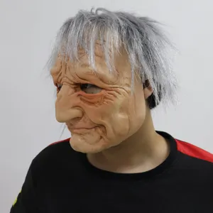 Halloween old man mask realistic wrinkle face latex headgear with grey wig for party dress up