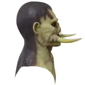 Halloween horror orc mask latex headgear with long tusks, realistic monster props.