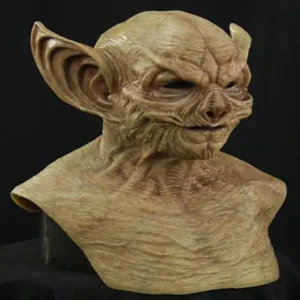 Detailed close-up of the Halloween monster goblin mask showing intricate skin texture and ears.
