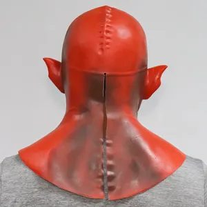 Red latex devil mask with pointy ears and back split design, perfect for Halloween and cosplay.
