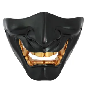 Half gezicht hannya masker halloween kostuum cosplay tactisch zwart goud tanden voor volwassen