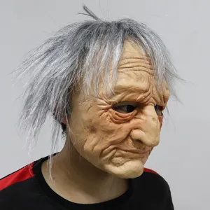 Halloween old man mask with realistic grey hair wig, latex senior face headgear for parties.
