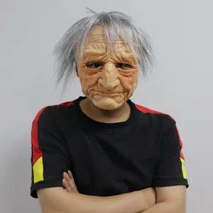 Halloween old man face mask with grey hair, realistic latex headgear for costume party.