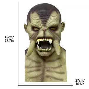 Halloween scary orc monster latex mask with long tusks, realistic details for cosplay.