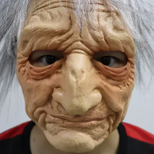 Close-up detail view showing the realistic old woman mask texture and gray hair design.