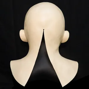 Silicone bald head mask rear view detail, realistic latex skin mask prop for costume party.