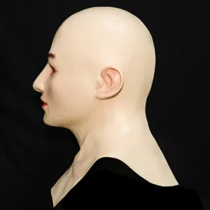 Detailed side view of a realistic silicone bald mask, showcasing facial contours and fine skin.
