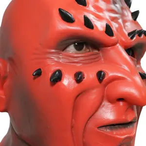 Red latex demon mask with black horns scary cosplay costume Halloween horror party prop