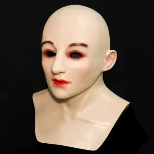 Detailed view of realistic latex bald human head mask with makeup for costume party.