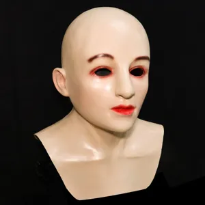 Realistic silicone mask detail shot, showing fine skin texture, makeup, and smooth head shape.