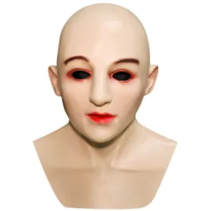 Realistic latex human mask for Halloween costume parties, creepy bald headwear costume prop.