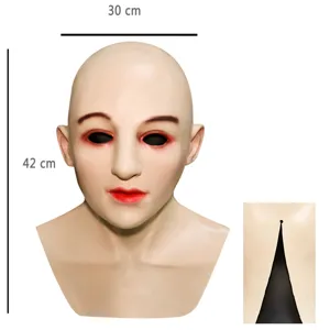 Realistic latex female bald mask with black hollow eyes and red lips for Halloween parties.