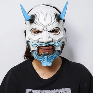 Detailed view of the Japanese Hannya demon mask with blue horns for Halloween costume parties.