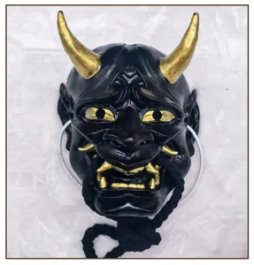 Detailed view of the Japanese Hannya mask in black and gold, ideal for Halloween parties.