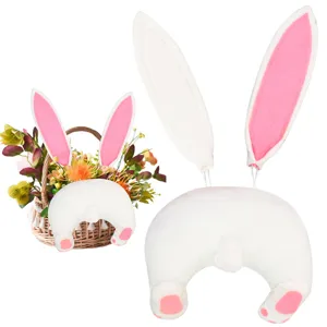 Cute plush Easter bunny butt with long ears and floral basket decor for holiday party layouts.