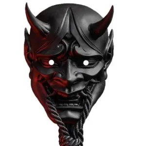 Halloween black Hannya demon mask with horns and glowing eyes for cosplay party props.