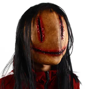 Halloween horror bloody face long hair ghost stitched mask spooky party costume prop
