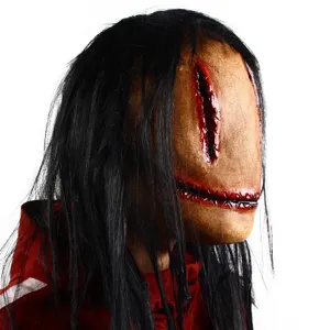 Halloween horror mask long black hair bloody stitched faceless ghost costume party prop