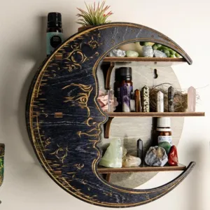 Estante de pared de luna de madera soporte de cristales y aceites esenciales altar celestial.