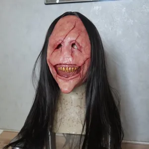 Masque de démon rouge Halloween cheveux longs horreur effrayant latex dents pour fête.