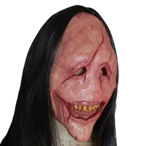 Masque de Démon d'Halloween Horreur Longs Cheveux Noirs Visage Sanglant Latex Fête Prop