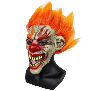 Halloween flame clown mask scary latex party performance prop with bright orange hair.