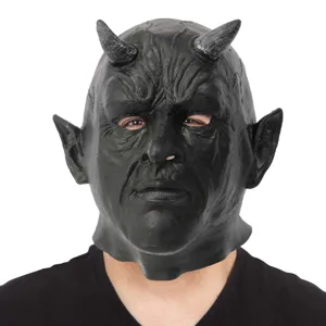 Máscara de diablo negro de Halloween con cuernos monstruo aterrador de látex fiesta