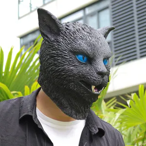Realistic black latex cat mask with striking blue eyes, perfect for funny animal costume parties.