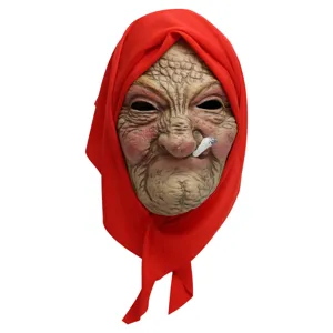 Halloween old grandmother latex mask scary costume party cosplay prop red headscarf funny