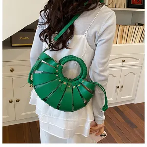 Grüne Leder Korb Shell Schultertasche mit rundem Griff für Damen stilvolle Handtasche Alltag