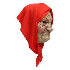 Halloween scary old woman latex mask with red headscarf, perfect for cosplay parties and props.