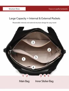 Detailed view of women large capacity woven tote bag interior structure, multi-pocket design.