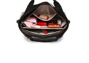 Black large capacity tote bag interior capacity display with multi-compartments for daily use.