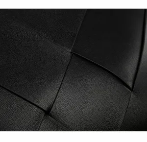 Black woven leather handbag detail showing intricate texture and fine craftsmanship.