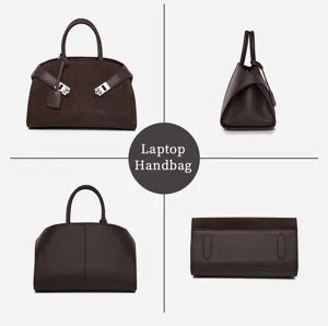 Elegante bolso de mano para portátil de ante marrón para mujer, bolso de hombro minimalista.