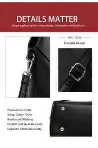 Detailed view of black leather handbag hardware, showing durable stitching and metal buckles.