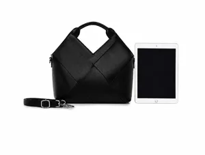 Black woven handbag for women, large capacity commuter tote bag with shoulder strap and top handle.