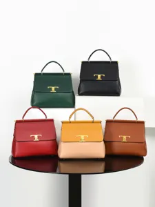 Multi-color top handle handbag detail showcasing classic flap design and elegant metal T-clasp hardware.