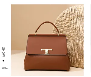 Brown leather top handle handbag with metal T-clasp flap design for women daily commuting.